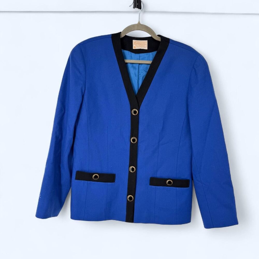 Royal Blue Virgin Wool Contrast Trim Grommet Button Evening Power Blazer c. 1986